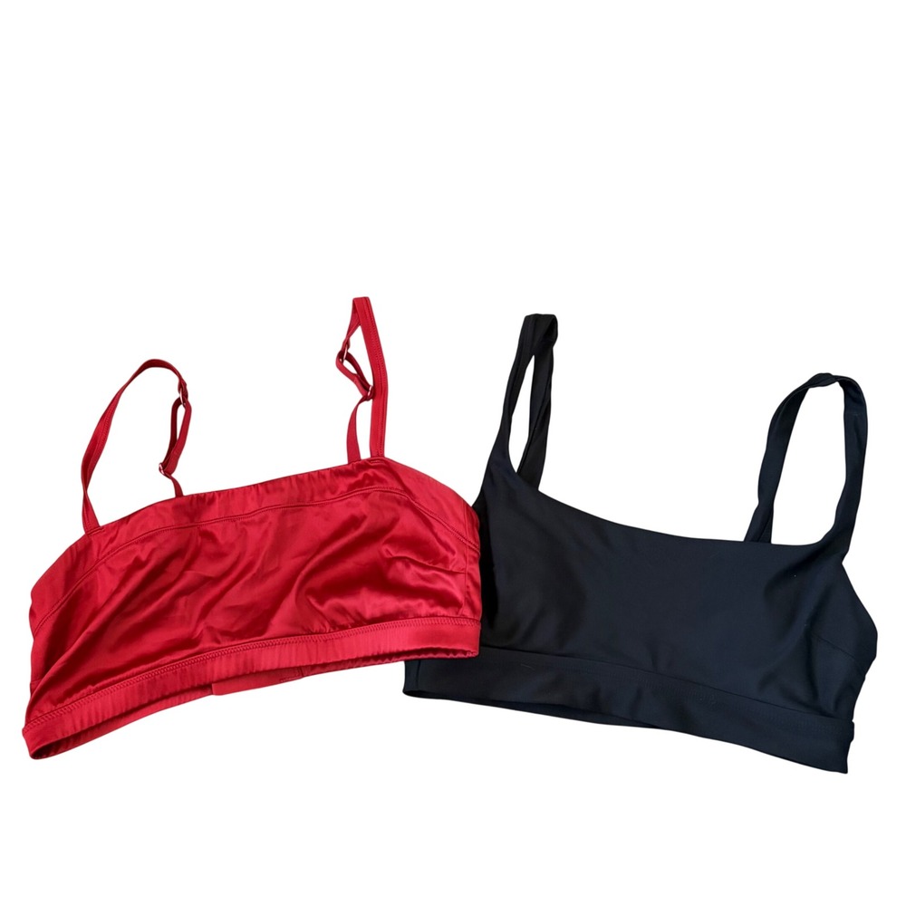 Aerie Bralette Bundle Red Satin Bandeau and Black Scoop Neck Small 2 Pack
